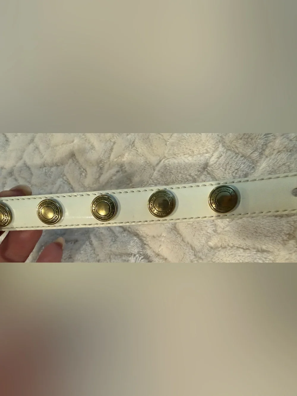 Coach White Patent Leather Vintage Skinny Belt Gold Stud Logo Accents sz S